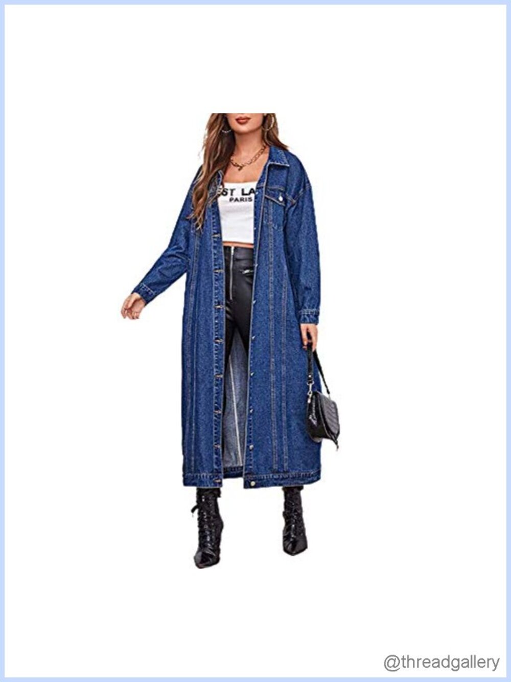 Womens Button Down Midi Long Denim Jean Jacket Trench Coat Loose Fit